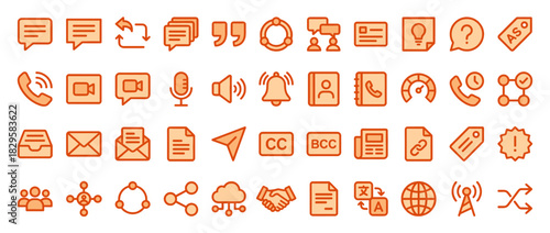 Communication and messaging solid icon set. includes chat, call, email, cloud, network, alert, video, contact, and more. Vector collection
