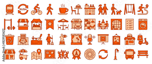 Community activities solid icon set. containing train, rush, bicycle, coffee, restaurant, playground, gym, cafe, park and more. Vector collection