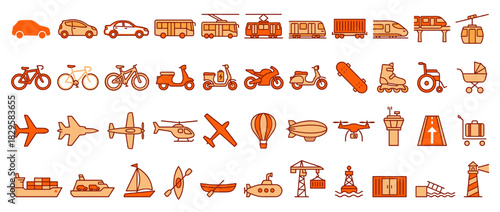 Transportation and vehicle solid icon set. featuring car, bus, train, bike, boat, airplane, helicopter, ship, scooter, tram Vector collection