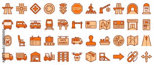Transportation and travel solid icon set. includes road, train, map, bus, airplane, travel, luggage, shipping, compass, gps, and more. Vector collection