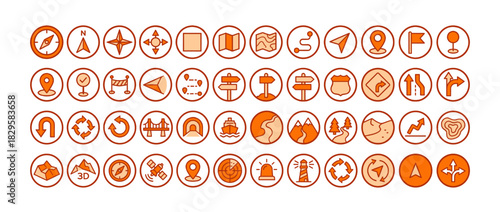 Map and navigation solid icon set: compass, location, route, gps, signpost, landmark, terrain, globe, path, arrow, destination Vector collection