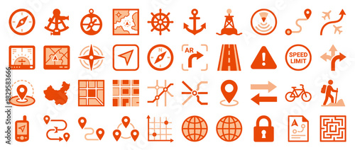 Navigation and map solid icon set. featuring location, compass, gps, direction, map, route, anchor, ladder, and more. Vector collection