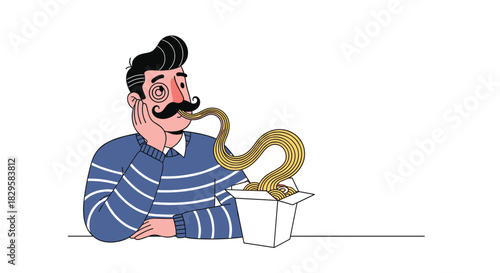 Whimsical illustration of a man with a large mustache eating noodles from a takeout box in a surreal and humorous design concept.