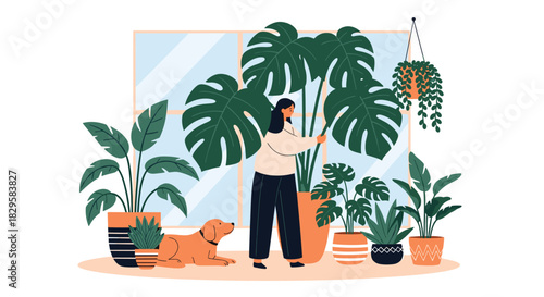 Young woman surrounded by lush houseplants tending to a large monstera plant with her loyal dog in a cozy home environment.