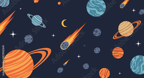 Seamless space pattern with colorful cartoon planets comets and stars creating a fun and adventurous cosmic background design.