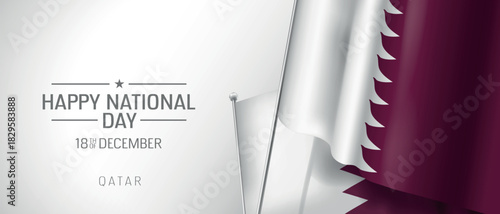 Qatar happy national day greeting card, banner vector illustration. Qatari holiday 18th of December design element with 3D flag