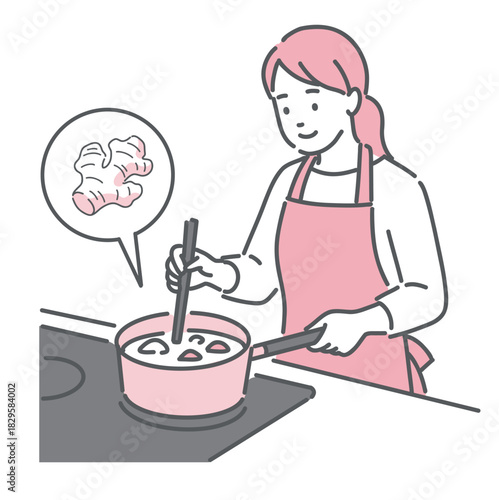 生姜を使って料理をする女性のイラスト。健康的な食事の準備。