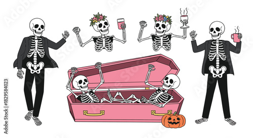 Funny cartoon skeleton characters celebrating with drinks dancing and relaxing in a pink coffin for a halloween party set.