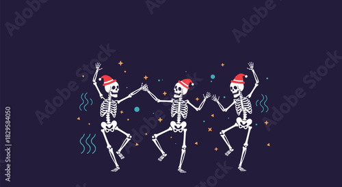 Three funny dancing skeletons wearing santa hats and celebrating christmas in a quirky and festive holiday vector illustration.