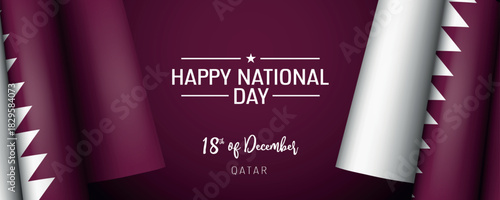 Qatar national day vector banner, greeting card. Qatari wavy flag in 18th of December national patriotic holiday horizontal design