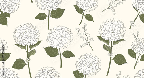 Elegant seamless floral pattern with beautiful white hydrangea flowers and green leaves creating a vintage botanical background.