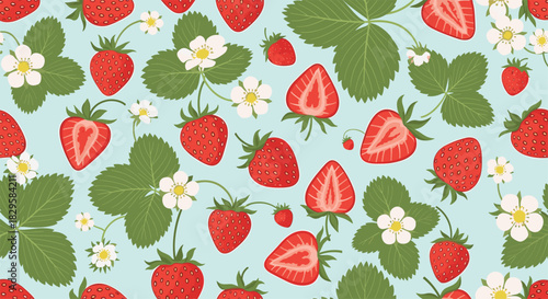 Seamless summer pattern with ripe red strawberries blossoms and green leaves on a light blue background for a fresh berry design.