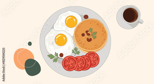 Top view illustration of a delicious and hearty breakfast plate with fried eggs pancakes tomatoes and a cup of black coffee.