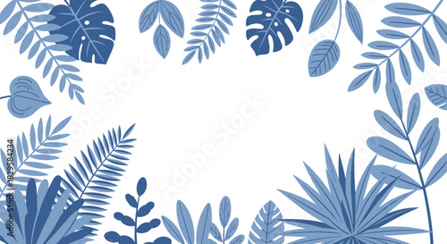 Tropical leaf frame with various jungle plants in shades of blue creating a modern and monochromatic botanical border design.