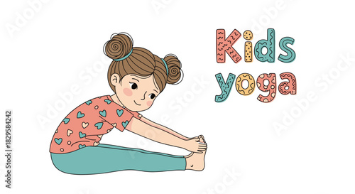 Cute cartoon girl practicing a forward bend in a kids yoga class promoting a healthy and active lifestyle for all children.
