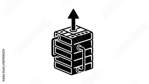 Black and white icon of a stack of batteries with an upward arrow