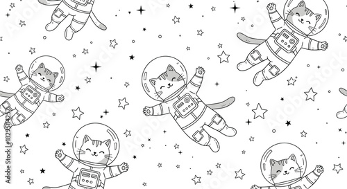 Seamless coloring page pattern with cute cartoon cats in astronaut suits floating among stars for a fun kids space activity.