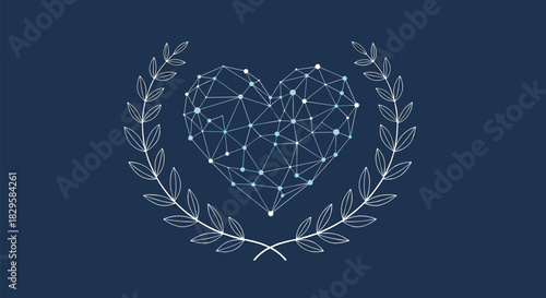 Abstract geometric heart with a network of connected nodes inside a laurel wreath symbolizing love technology and victory.