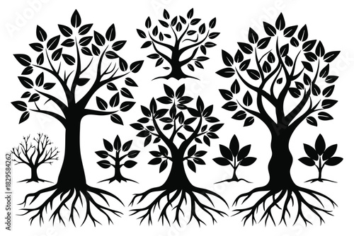 Black tree silhouettes with leaves and roots form a forest grove, creating nature scenes