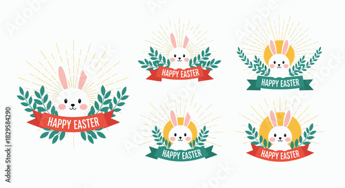 Set of happy easter emblems with a cute white bunny sunburst and laurel branches creating a festive holiday label collection.