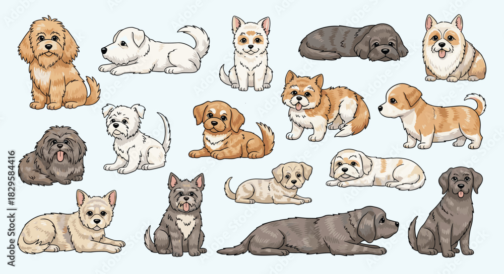 Fototapeta premium Large collection of various adorable puppy and dog breeds in a charming and detailed hand-drawn cartoon illustration style.