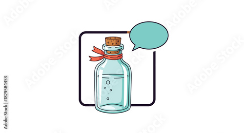 Hand-drawn glass bottle with a cork stopper and a red ribbon containing a magic potion with an empty speech bubble.