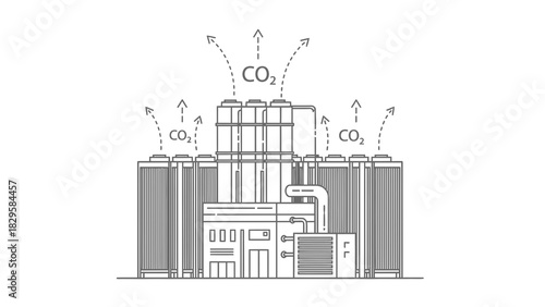 Line art illustration of a factory emitting carbon dioxide into the atmosphere