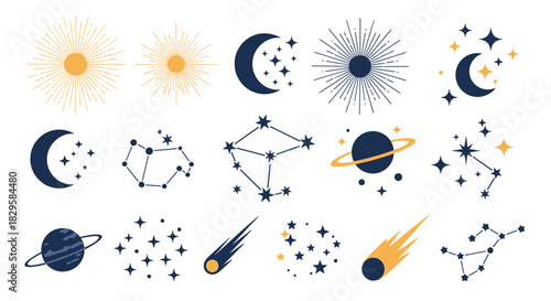 Mystical collection of celestial and astrological symbols including the sun moon stars constellations and comets in a boho style.
