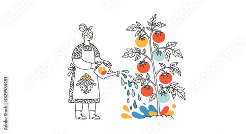 Line art illustration of a woman in an apron watering a vibrant tomato plant symbolizing gardening and nurturing growth.