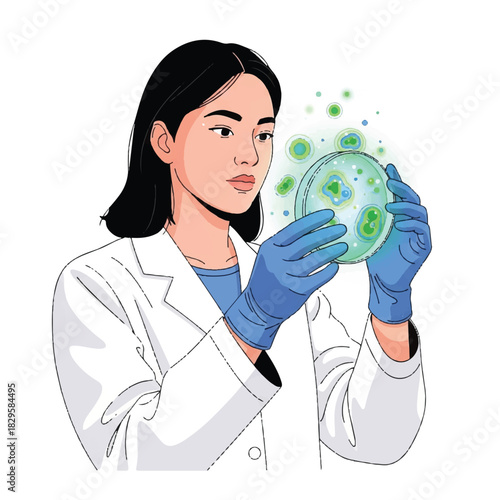 Scientist examining petri dish with glowing microorganisms