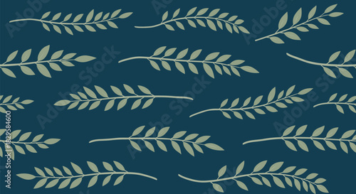 Seamless pattern of simple olive or laurel branches with leaves in a muted green on a dark blue background design.