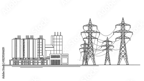 Outline drawing of a power plant facility connected to transmission towers