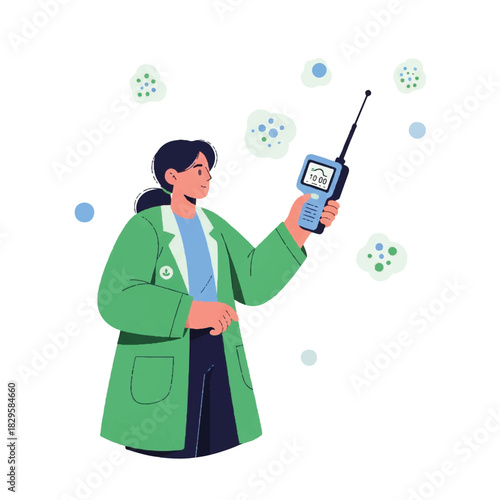 Scientist holding a detection device, surrounded by airborne particles