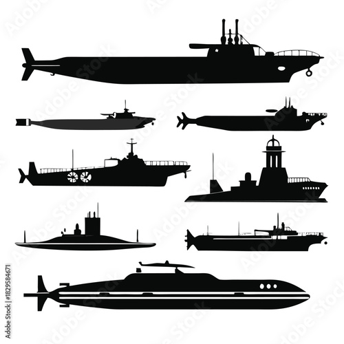 Diverse submarine collection features varied silhouettes against a stark white background, showcasing naval vessel diversity