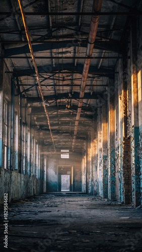 Wallpaper Mural Eerie, atmospheric shot of an abandoned industrial space. Sunbeams stream through windows, highlighting decay. Conceptual image perfect for themes of abandonment, history, or urban exploration. Torontodigital.ca