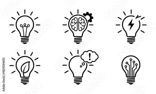 Set of creative light bulb icons depicting various aspects of ideas and intellectual concepts