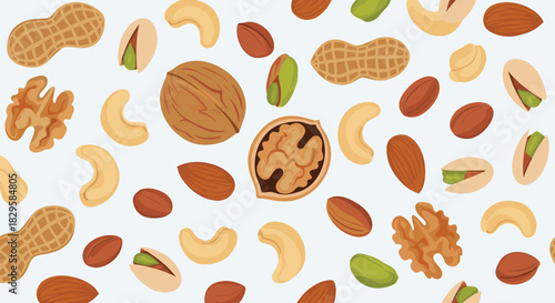 Seamless pattern with a variety of healthy mixed nuts including walnuts peanuts cashews almonds and pistachios on a light background.