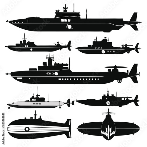 Seven submarine silhouettes show different naval vessel styles against a white backdrop perfectly