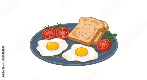 Classic breakfast plate with two sunny-side up fried eggs toasted bread and fresh tomatoes for a delicious morning meal.