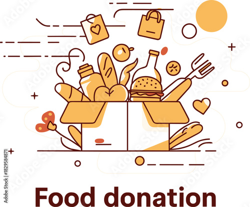 Food donation box with groceries and shopping bags in flat design style vector illustration