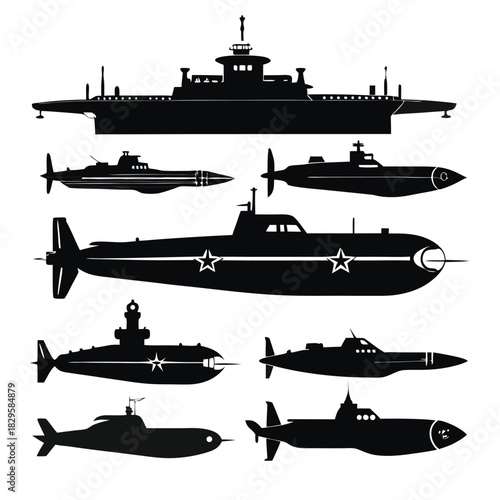 Collection of black silhouette submarines and a ship shows naval architecture history on white