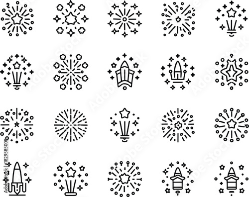 Firework icons set with rockets and starburst explosions in outline style vector illustration