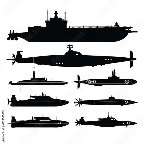 Several different designs of submarines and a huge battleship show up as black silhouettes