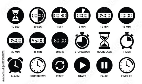 Comprehensive timer and stopwatch icons set in black and white for various time measurements