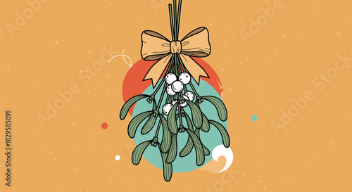 Vintage-style illustration of a hanging mistletoe branch with white berries and a large bow on a textured orange background.