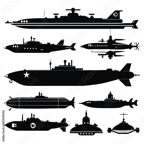 Various black silhouette submarine designs offer a historic and modern naval vessel collection
