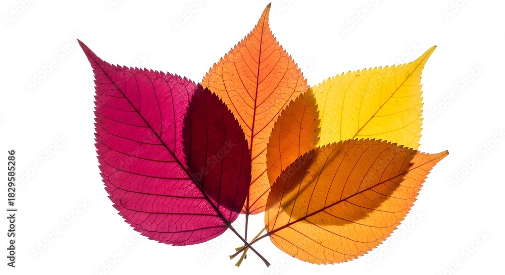 Obraz premium Overlapping autumn leaves in vibrant colors translucent and backlit isolated on white