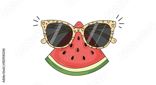 A funny cartoon character of a fresh watermelon slice wearing stylish sunglasses with a cute heart pattern for a summer vibe.