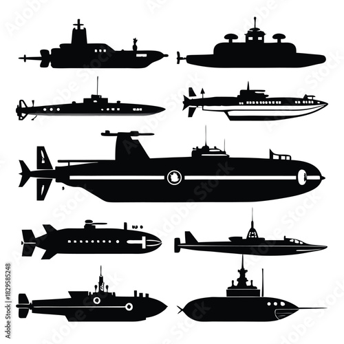Black submarine silhouettes showcasing different designs against a white background, offering diverse naval vessel representations