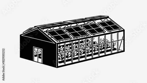 Black and white illustration of a greenhouse with solar panels on roof